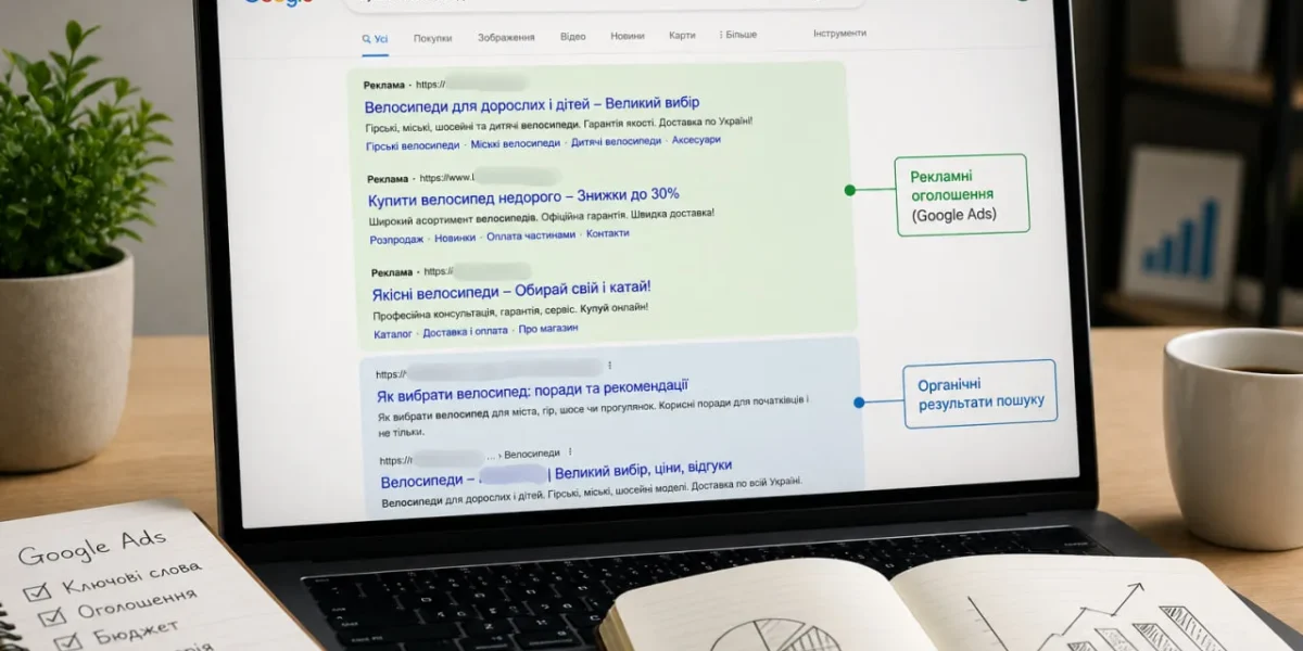 Екран ноутбука з результатами пошуку Google де виділено рекламні оголошення та органічну видачу