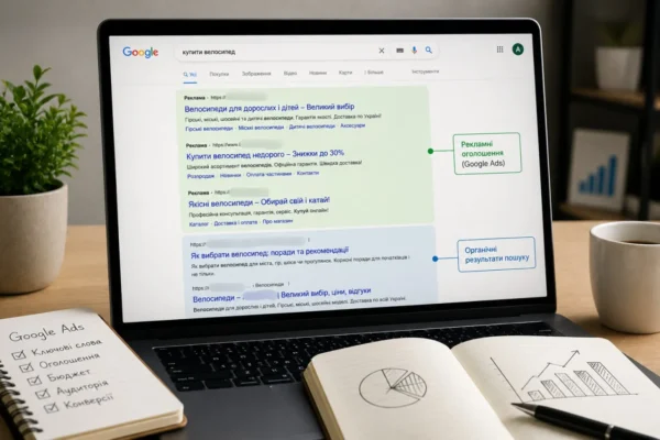 Екран ноутбука з результатами пошуку Google де виділено рекламні оголошення та органічну видачу