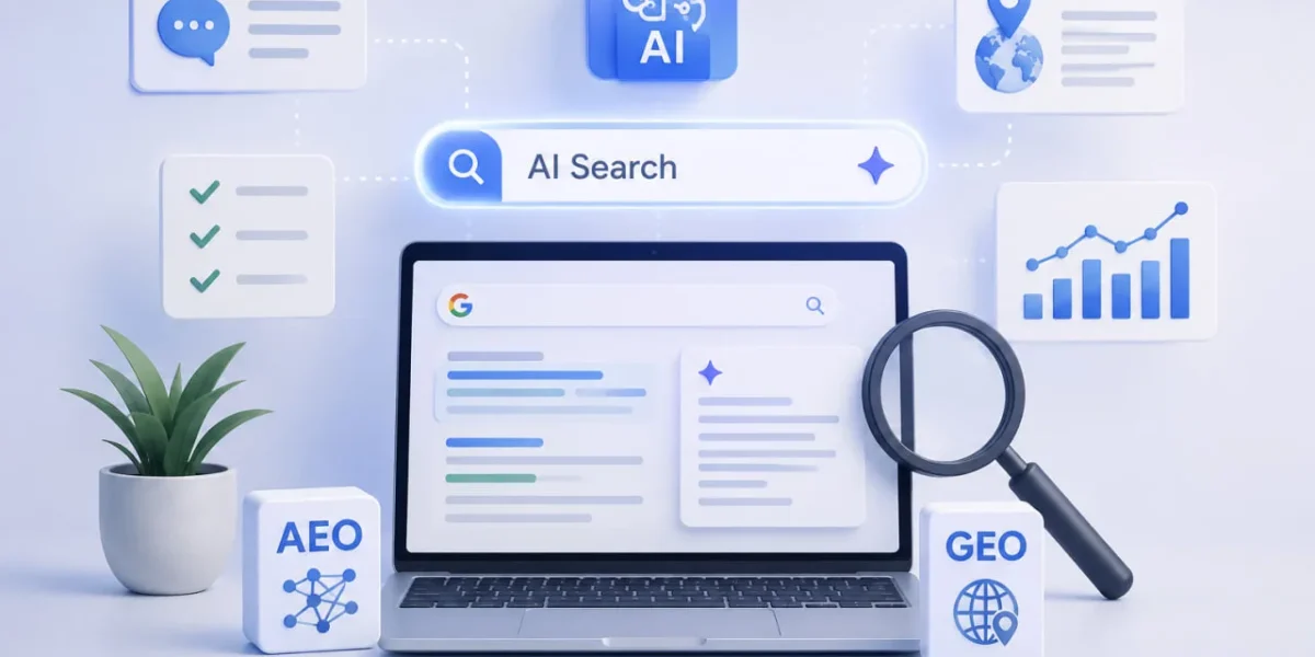 ноутбук з результатами пошуку та іконками штучного інтелекту AEO і GEO для оптимізації