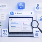 ноутбук з результатами пошуку та іконками штучного інтелекту AEO і GEO для оптимізації