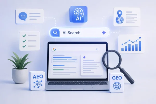 ноутбук з результатами пошуку та іконками штучного інтелекту AEO і GEO для оптимізації