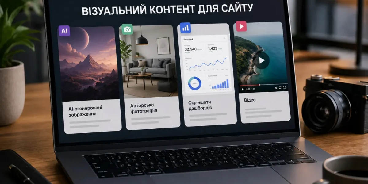 Відкритий ноутбук з презентацією про типи візуального контенту для наповнення сучасного веб-сайту