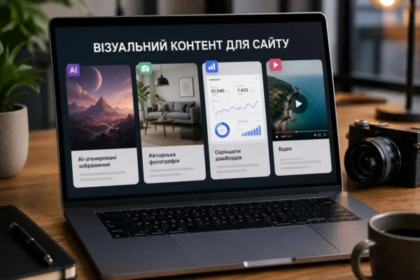 Відкритий ноутбук з презентацією про типи візуального контенту для наповнення сучасного веб-сайту
