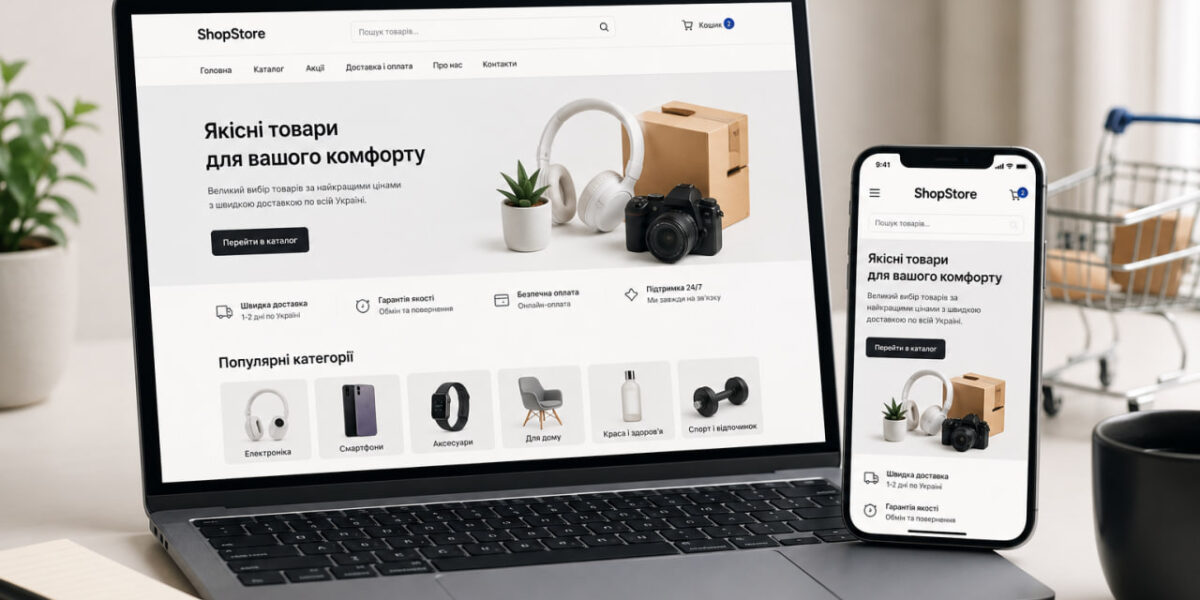 Інтернет-магазин на екрані ноутбука і смартфона - розробка сайту для онлайн-продажу товарів