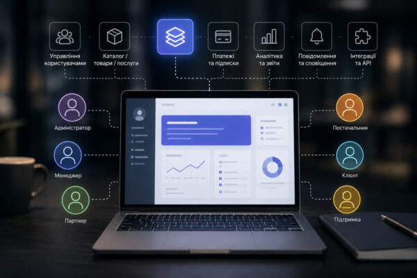 Схема онлайн-платформи з різними користувачами і функціональними модулями - головна ідея розробки веб-платформи для бізнесу