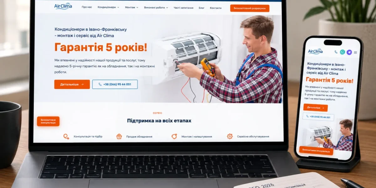 Ноутбук і смартфон з сайтом Air Clima про монтаж кондиціонерів з гарантією 5 років