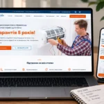 Ноутбук і смартфон з сайтом Air Clima про монтаж кондиціонерів з гарантією 5 років