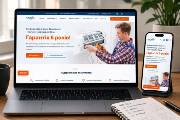 Ноутбук і смартфон з сайтом Air Clima про монтаж кондиціонерів з гарантією 5 років