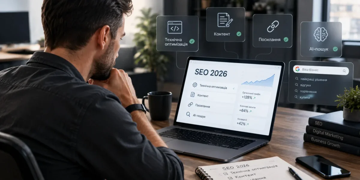 Власник бізнесу вивчає стратегію SEO 2026 - технічна оптимізація, контент, посилання, AI-пошук