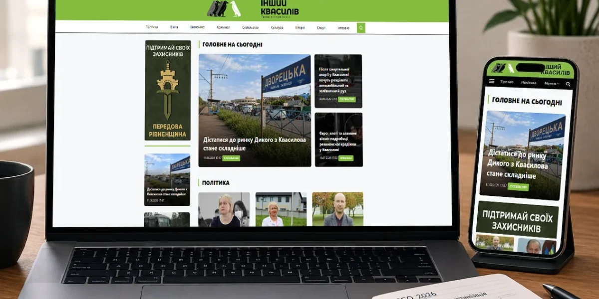 Адаптивний дизайн новинного сайту на ноутбуці та смартфоні з зеленим логотипом